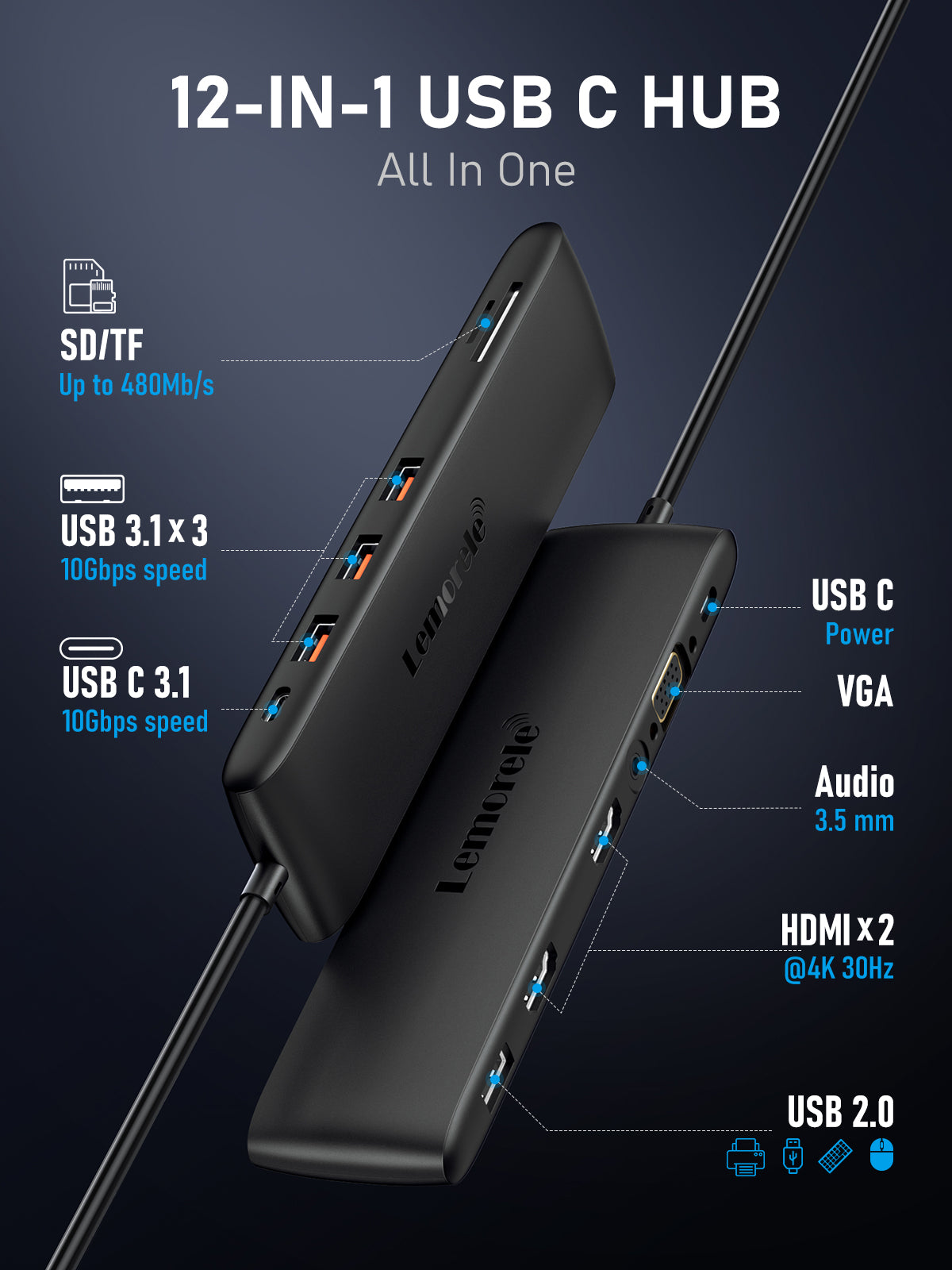 Lemorele USB-C 12-in-1 Docking Station 【TC97】