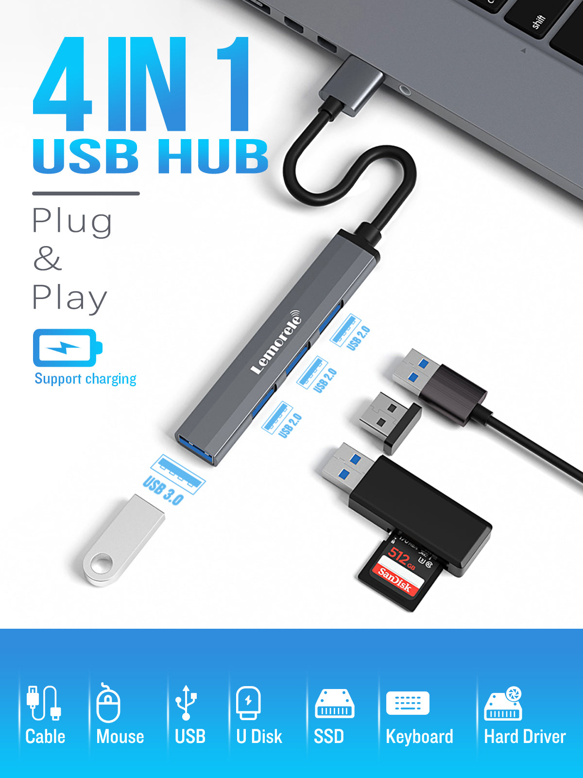 Lemorele 4-Port USB Hub【#TC53】