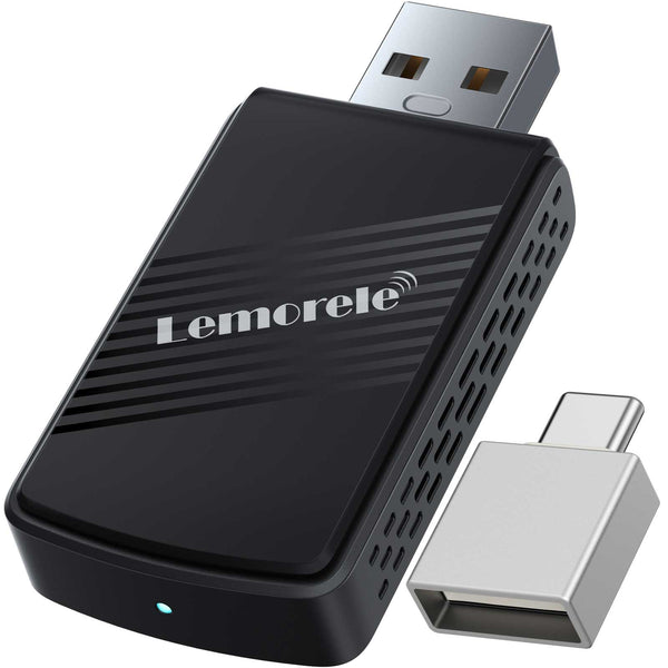 Lemorele P90 Wireless CarPlay USB-A Universal Adapter with Type-C Adapter