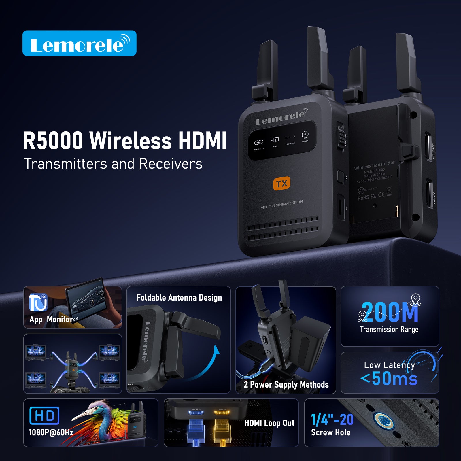 Lemorele R5000 200m ワイヤレス HDMI トランスミッター 1TX ～ 4RX