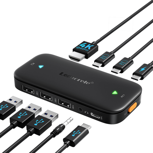 Lemorele H200 USB-C KVM Switch – 4K UHD, One-Click Switching, Multi-Device Docking, 100W PD Charging
