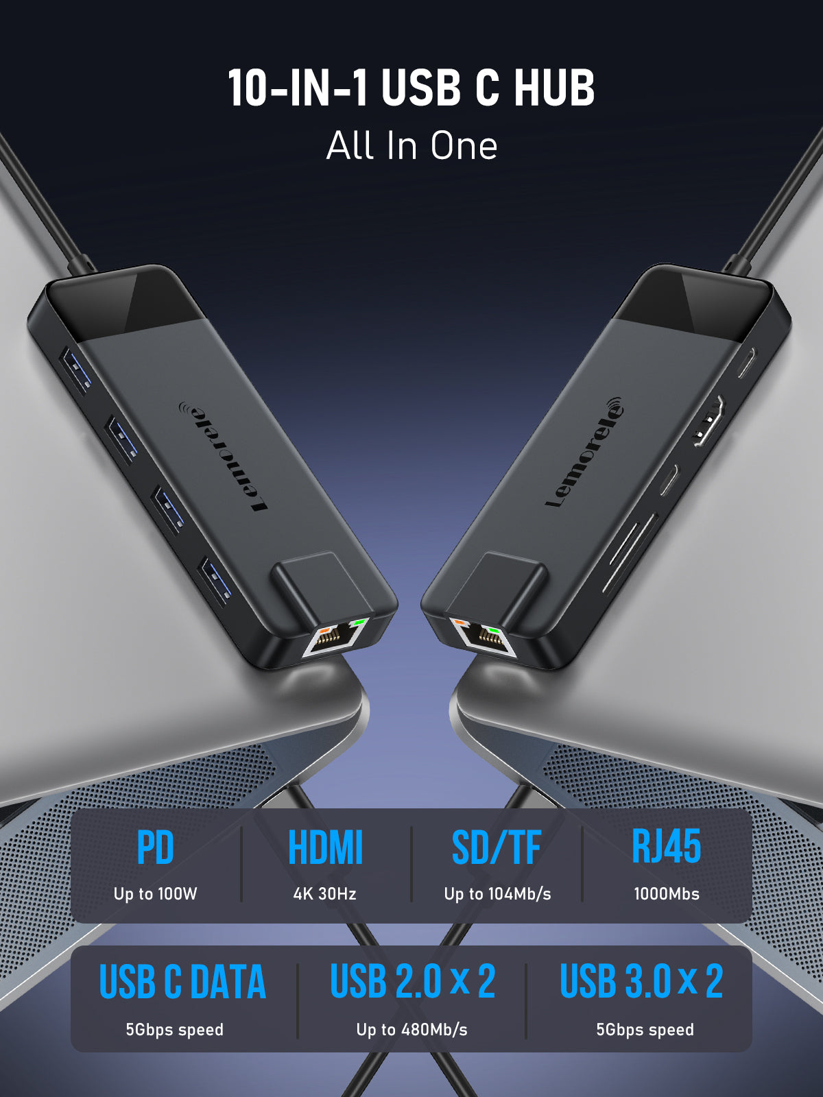Hub USB C, 10 en 1 Adaptateur Multiport USB-C Dongle avec 4K HDMI