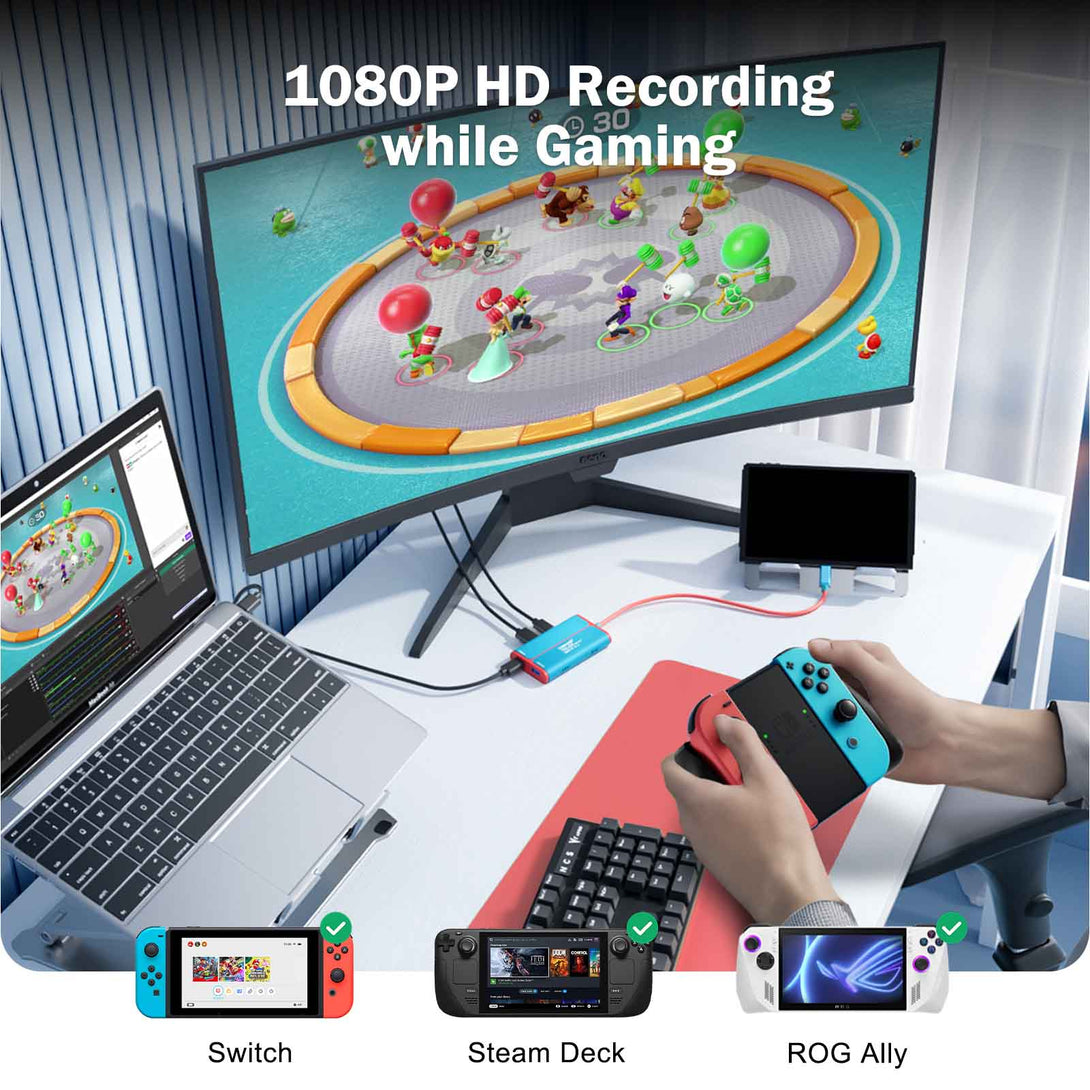LEMORELE™ AC08 | 1080P Capture Card with HDMI Loop-Out, USB-C/USB-A, 100W PD Charging, Switch Dock Alternative