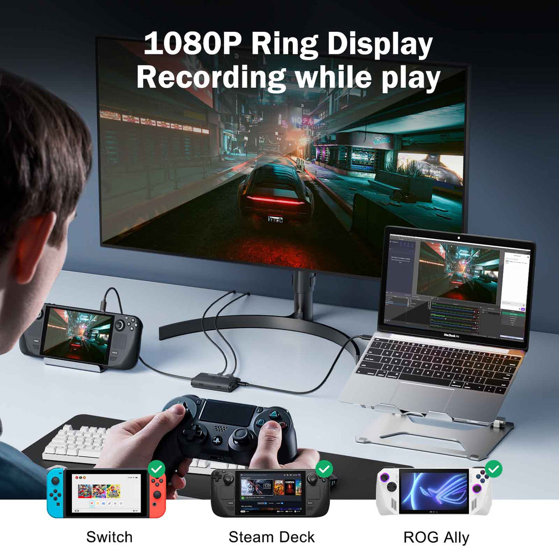 LEMORELE™ AC08 | 1080P Capture Card with HDMI Loop-Out, USB-C/USB-A, 100W PD Charging, Switch Dock Alternative