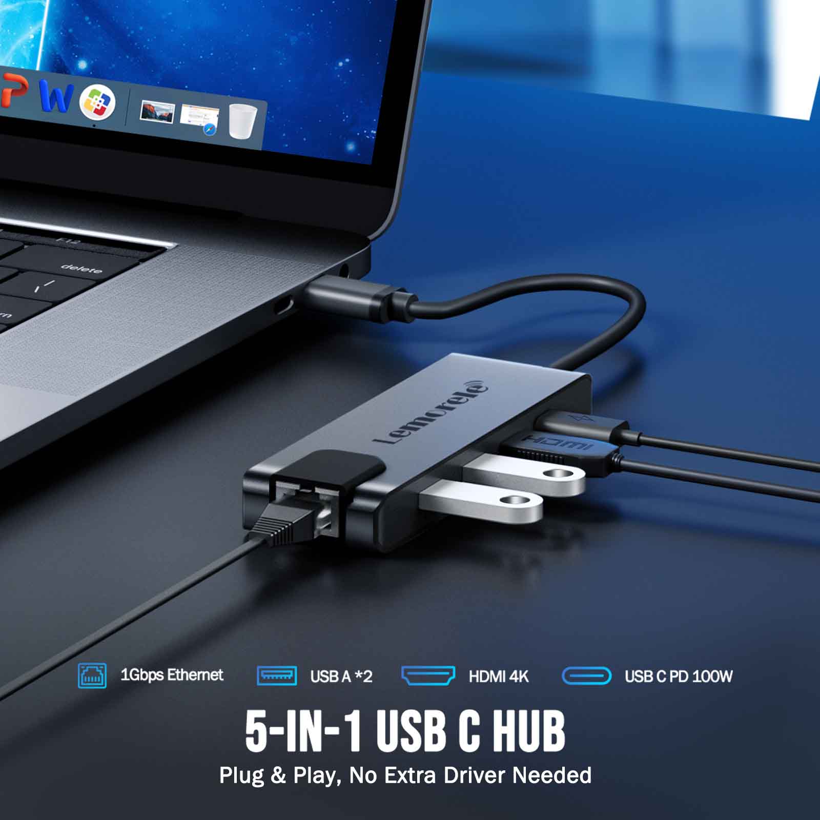 Lemorele TC24L USB-C 5-in-1 Hub – 100W PD, 4K HDMI, Gigabit Ethernet ...