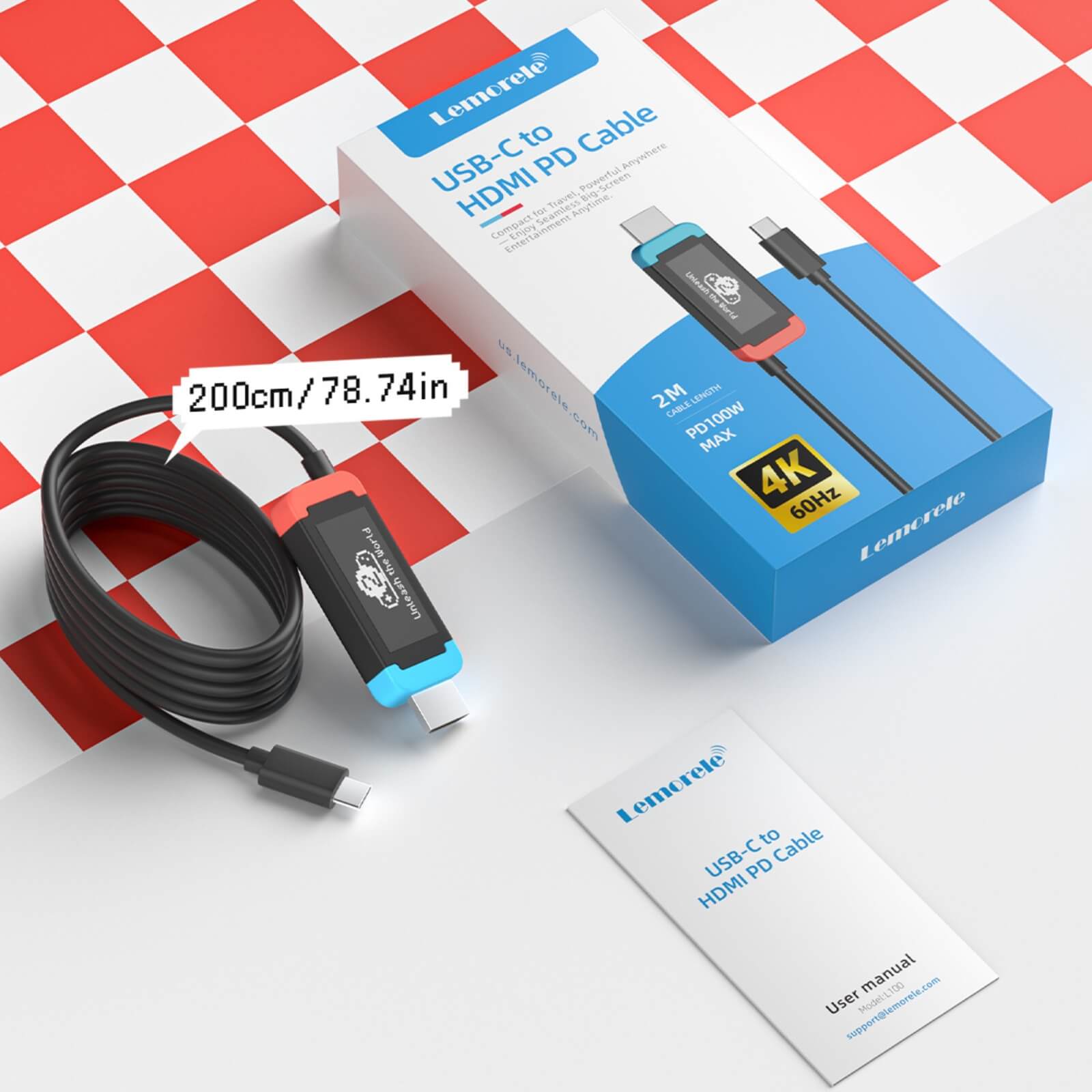 Lemorele USB-C to HDMI Cable Compatible with Switch 2, 4K@60Hz HDR