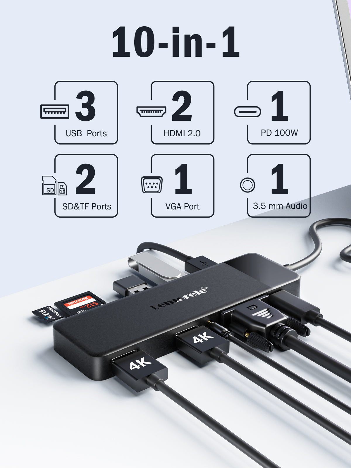 Lemorele 10 in 1 Triple Display Monitors USB C Docking Station 10 in 1【#TC94】