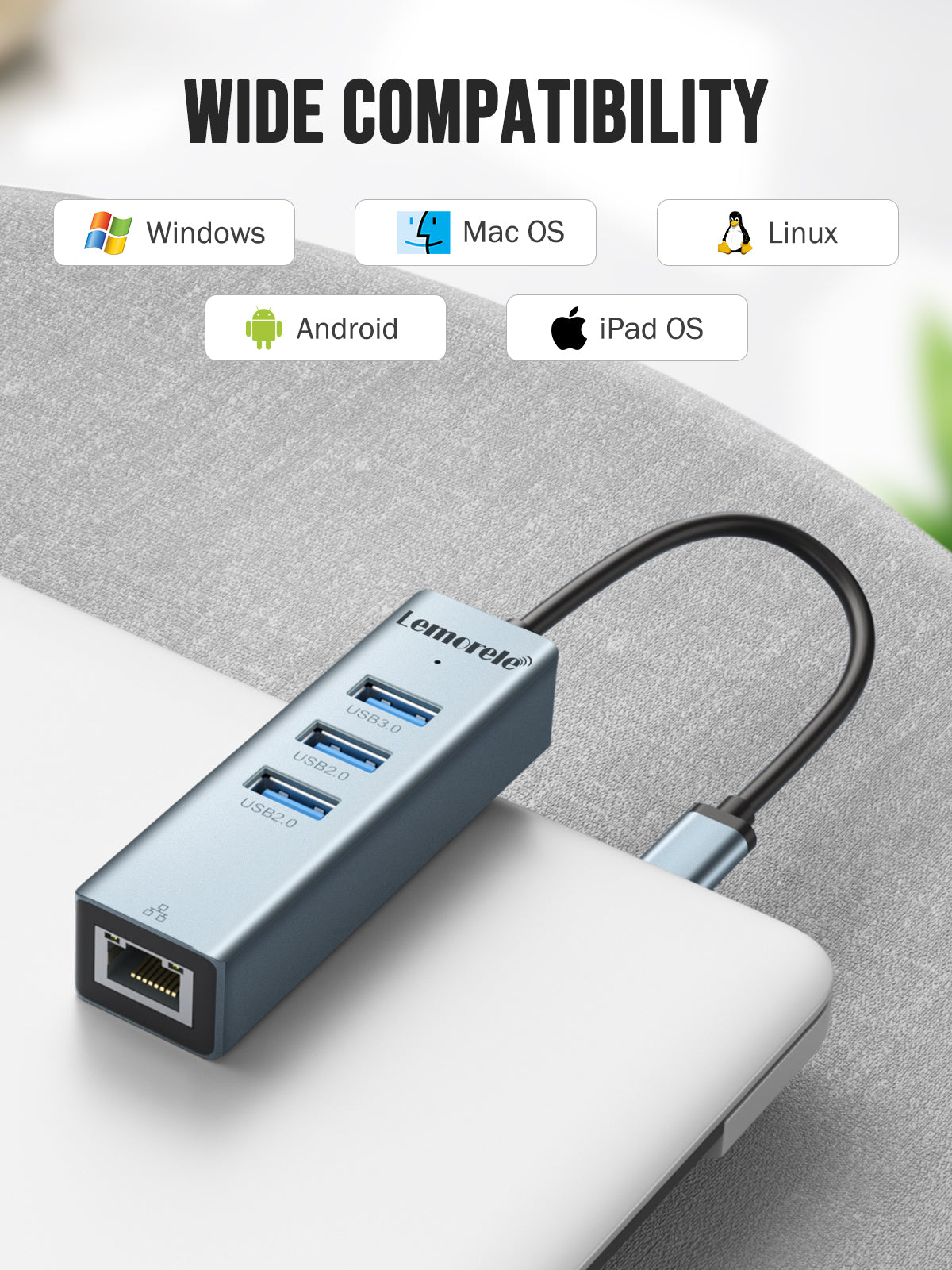 Lemorele USB C to Ethernet Adapter 4-in-1【#TC43】