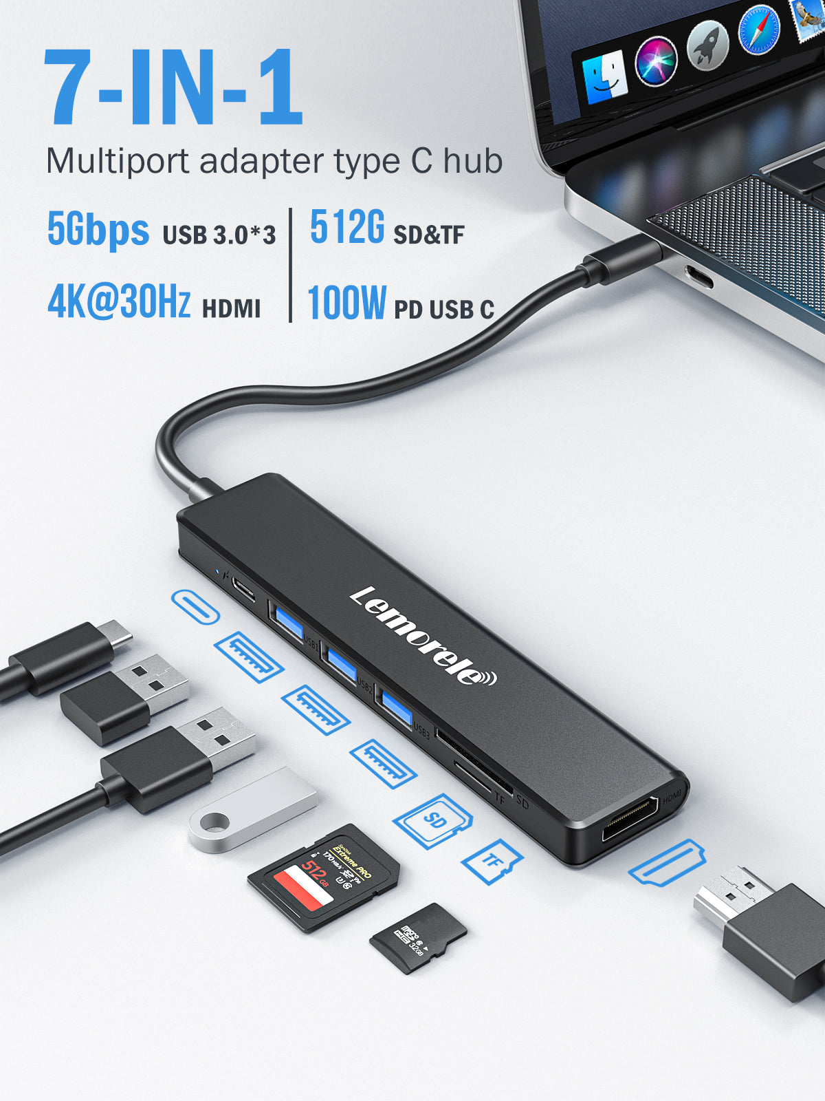 Lemorele USB C Hub 7 in 1 【#TC90】